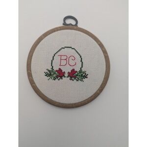 Handmade Cross Stitch Hoop Art BC Monogram Wreath Holly Cardinal Christmas
